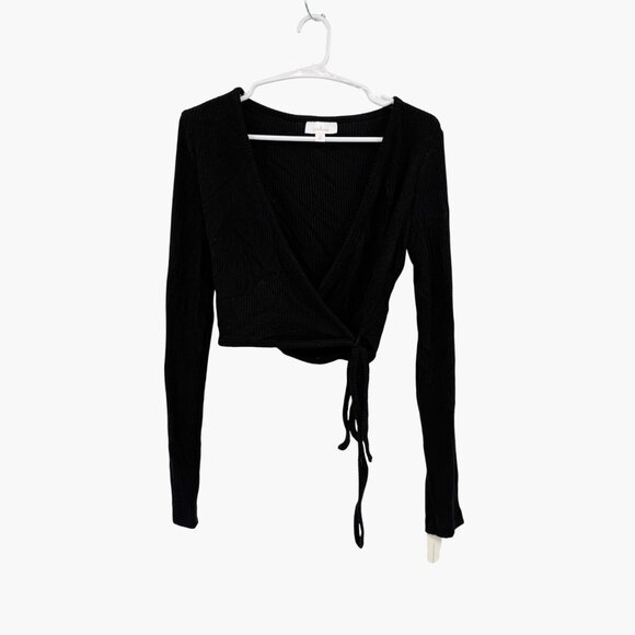 NEW Colsie Long Sleeve Cropped Ribbed Cozy Wrap Top - Black - Picture 3 of 10